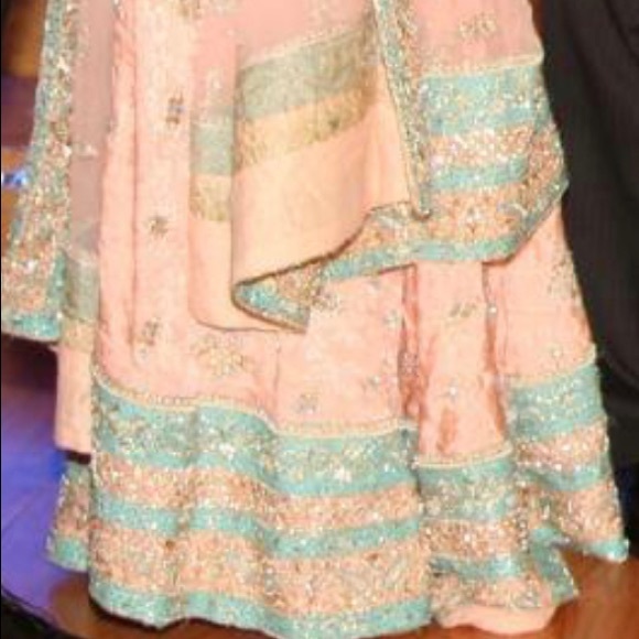 Peach/Pink And Blue Lenga/Lehenga - Picture 2 of 3
